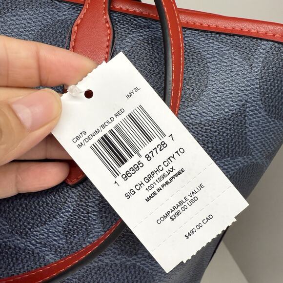 Last 1 ‼️COACH City Tote Bag Signature Canvas Coach Graphic CBI79 Denim/Bold Red - Picture 4 of 9